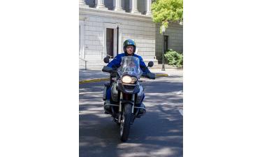 Senator Jones on motorcycle